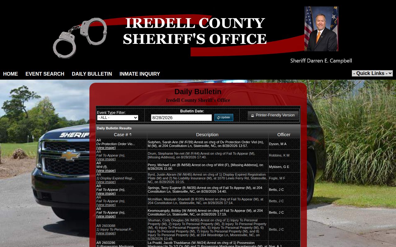 Iredell County P2C Daily Bulletin arrest event search