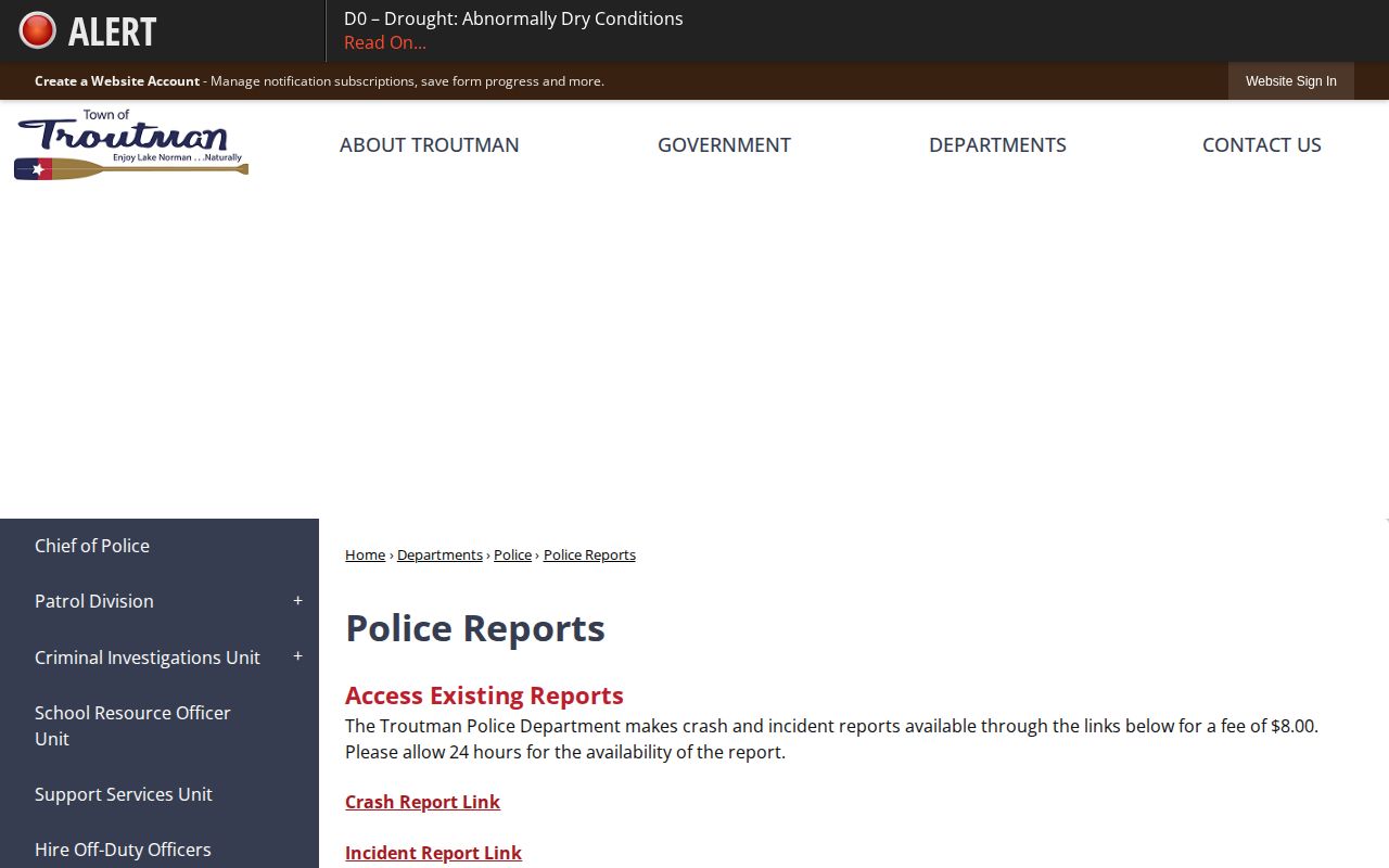 Troutman Police Reports official incident-record page
